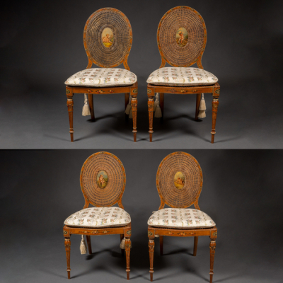 Conjunto de cuatro sillas Napoleón III en madera con asiento y respaldo de rejilla. Siglo XIX