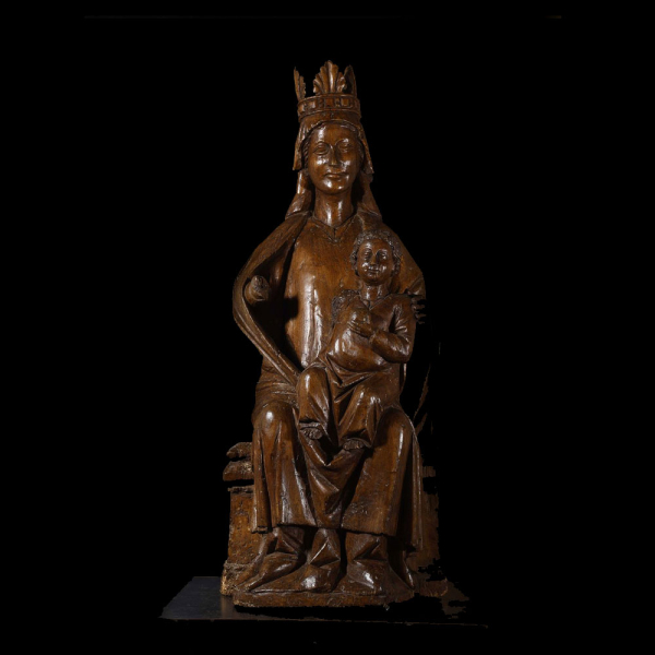 Monumental "Virgen Sedes Sapientae" Hispano-Flamenca G&oacute;tica del siglo XIII - inicios del siglo XIV.   En madera natural en su color. 