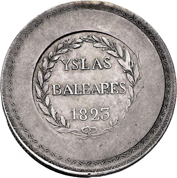Moneda 1823 Fernandp-VII Mallorca 5 Pesetas M.B.C.-, REY D ESPAN E YND