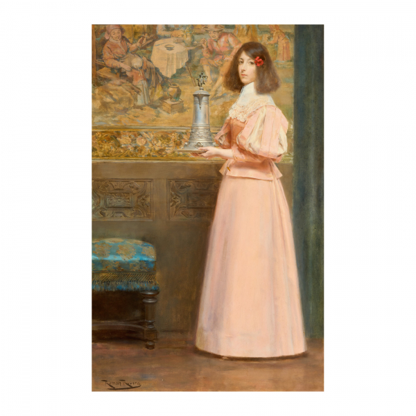 Román Ribera Cirera (Barcelona, 1849-1935)  Dama de rosa con jarra de pico.  Óleo sobre tela. Firmado. 