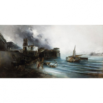 José Navarro Llorens. &quot;Pescadores junto al puerto (1892)&quot;.  