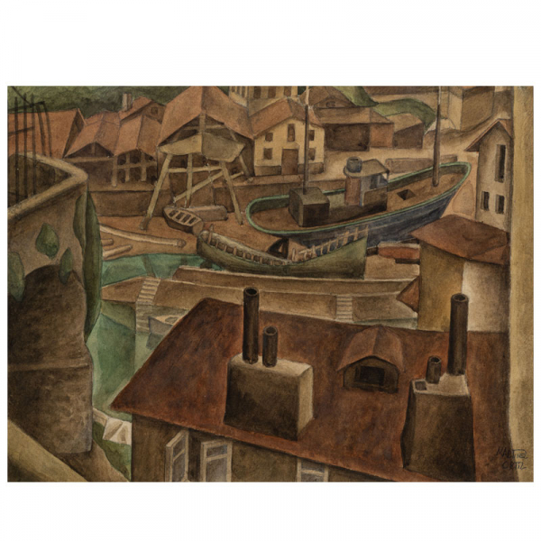 &quot;Astillero&quot;.  Nicolás Martínez Ortíz de Zárate (Bilbao, 1907 - 1987). Acuarela/papel