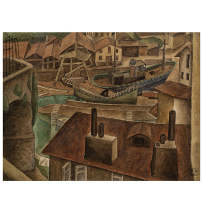 &quot;Astillero&quot;.  Nicolás Martínez Ortíz de Zárate (Bilbao, 1907 - 1987). Acuarela/papel