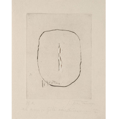 Lucio Fontana (1899 - 1968).  &quot;Concetto Spaziale (1966)&quot;. Obra única Punta seca sobre papel nacarado Molí Vell.