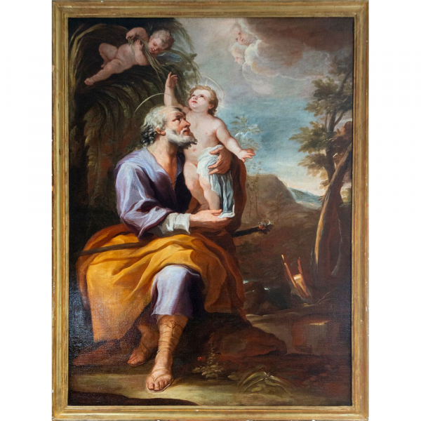 "San José con el Niño" Atribuido a Paolo de Matteis. Escuela Napolitana. Siglo XVII.   Óleo sobre lienzo. 