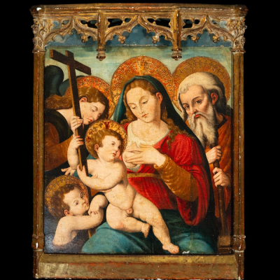 &quot;Sagrada Familia con Juan Bautista, el arcángel Gabriel&quot;  Joan de Joanes (1503-1579) Escuela Valenciana del Siglo XVI. Temple y óleo sobre tabla.