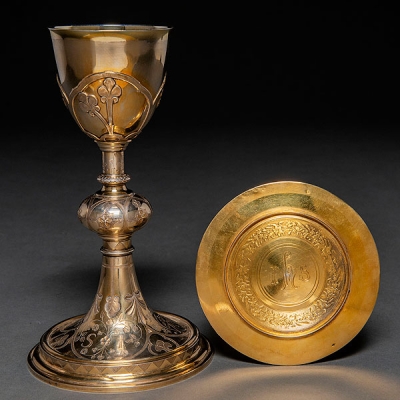 Cáliz litúrgico con plato en plata dorada y plata de su color punzonada. Trabajo Francés, Siglo XIX