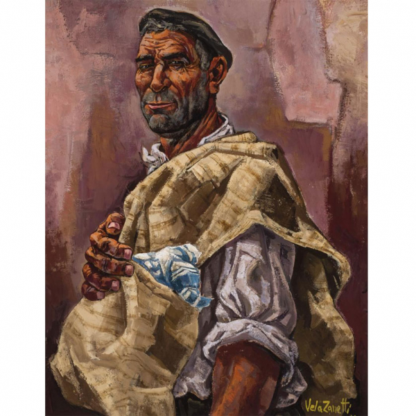 José Vela Zanetti. "Campesino con alforja (1976)". Óleo sobre lienzo. Firmado y fechado (76) en el ángulo inferior derecho.