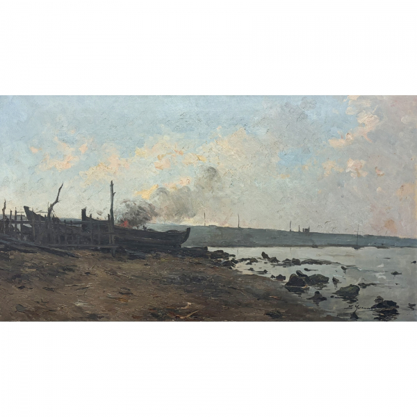 Lluís Graner Arrufí (Barcelona, 1863-1929)  Hoguera en la playa.  Óleo sobre tela. Firmado. 