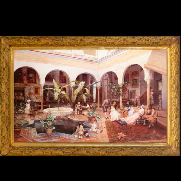 Jiménez Aranda (Sevilla, 7 de febrero de 1837-Sevilla, 6 de mayo de 1903) , firmado, Interior de patio con personajes, escuela sevillana, siglo XIX.