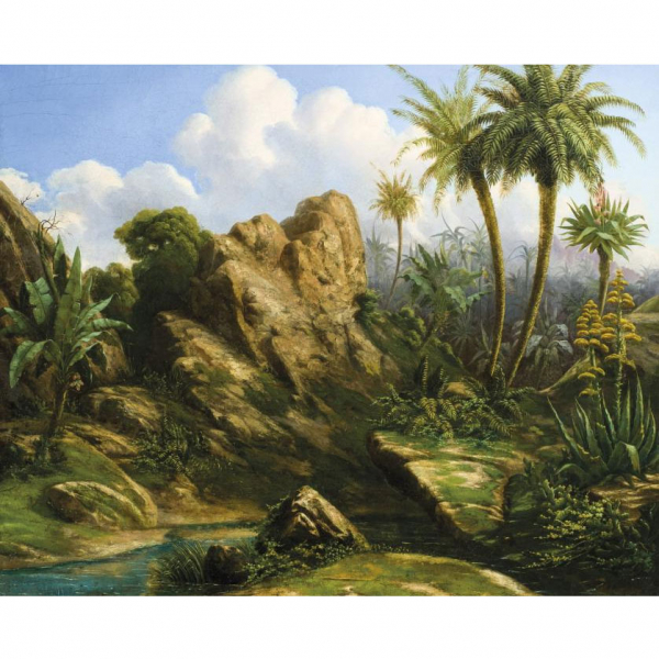 Escuela Dominicana S. XIX. "Paisaje tropical". &Oacute;leo sobre lienzo.