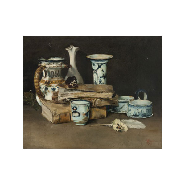 H. PISANI   (Pp. S.XX)  "Bodegón de cerámica y libros"  Firmado: H. Pisani 93 