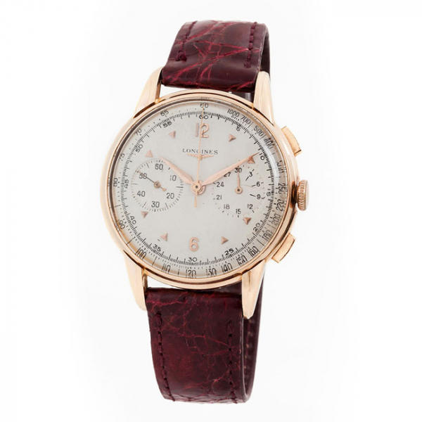 Reloj cronógrafo vintage, cab., suizo LONGINES, en caja original de oro amarillo 18 K, nº 142 5966 7 