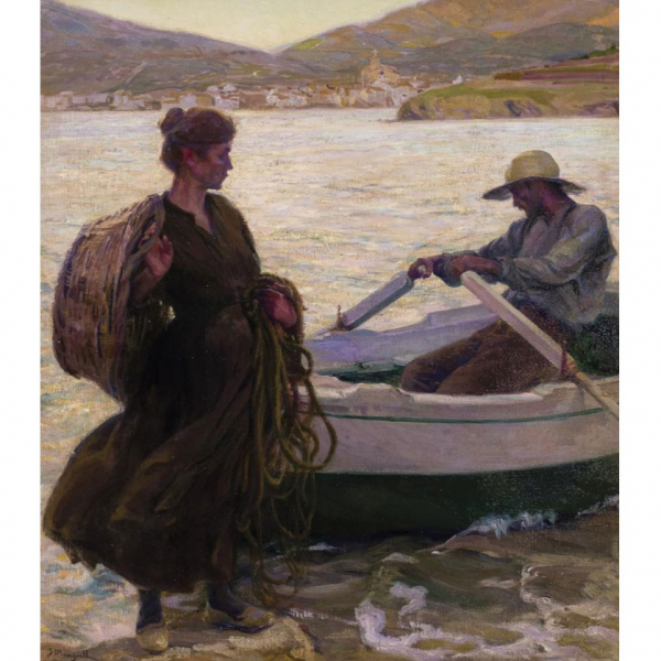 José Mongrell Torrent. "Crepúsculo". Óleo sobre lienzo. Firmado en el ángulo inferior izquierdo.