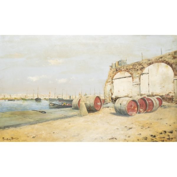 Joan Roig Soler (Barcelona, 1852-1909)  Puerto con barriles.  Óleo sobre tela. Firmado. 