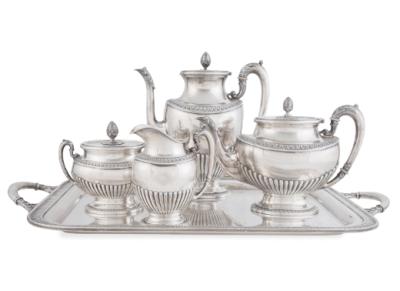 Juego de caf&eacute; y t&eacute; de plata espa&ntilde;ola, ley 900. Con marcas  S. Garc&iacute;a. 