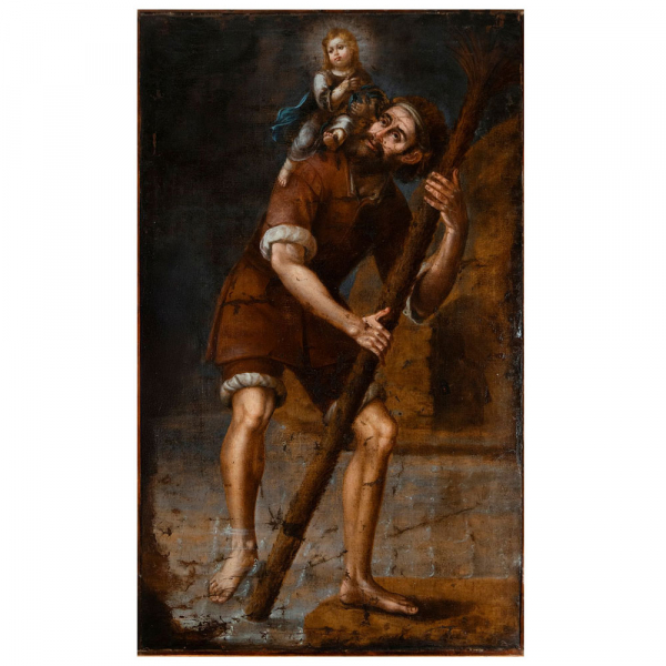 Atribuido a Diego Quispe Tito (Cuzco, Peru, 1611 - 1681) - "San Cristóbal y el Niño Jesús".    Óleo sobre lienzo
