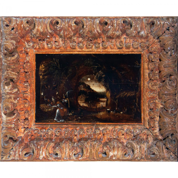 "Paisaje con San Nicolás en Lectura" Escuela Flamenca del siglo XVI - XVII.  Óleo sobre tabla