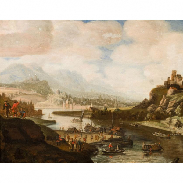 WILLAERTS, ADAM (1577 - 1664)   &quot;Marina con paisaje holandés&quot;. Óleo sobre lienzo. 