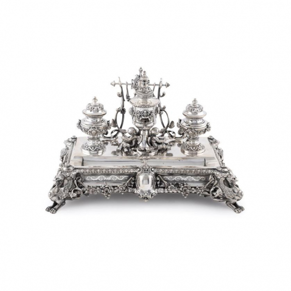 Excepcional escribanía Napoleón III de plata francesa Ley 950, de Alexandre Auguste Turquet c. 1870. 