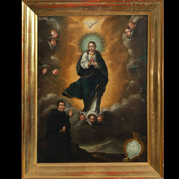 Atribuida a FRANCISCO DE PACHECO (Sanlúcar de Barrameda, 1564-Sevilla, 1644) - Magnífica Inmaculada en Gloria junto a Donante