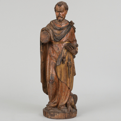 &quot;San Lucas&quot; Escultura de bulto redondo en madera tallada y policromada. Trabajo Español, Siglo XVII. 