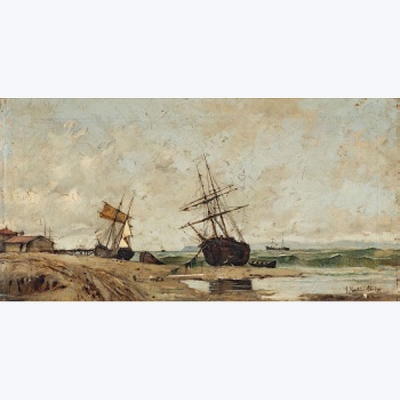JUAN MARTÍNEZ ABADES  (Gijón 1862 - Madrid 1920) &quot;Marina con barcos atracadas&quot;