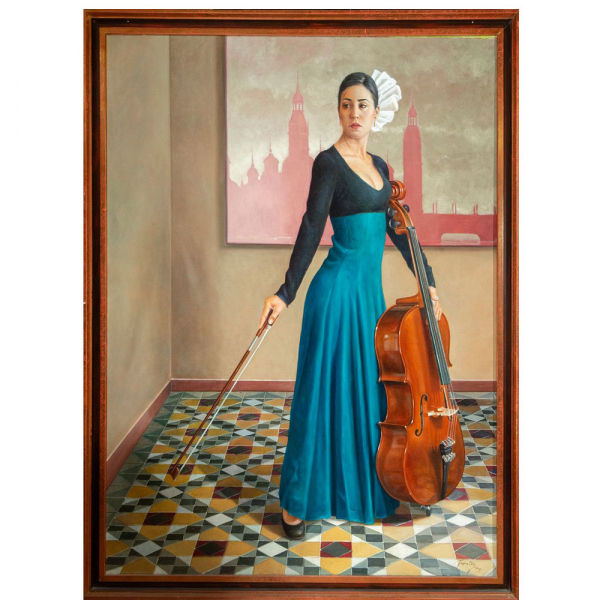 "Mujer con instrumento musical" Juan Carlos Espina Ortiz (España, siglo XX-XXI).   Óleo sobre lienzo.