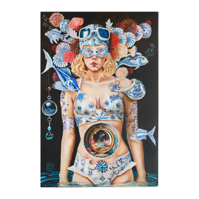 Ana Hernández San Pedro (Cáceres, España, 1971)  Dreaming pool.  Óleo sobre tabla. Firmado y fechado en 2023.