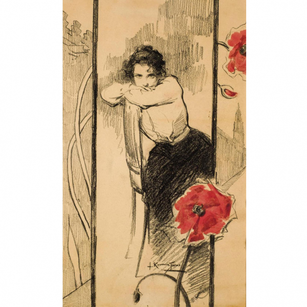 Julio Romero de Torres. "Muchacha con amapolas (1902)". Carboncillo y acuarela sobre papel. Firmada en el centro inferior.