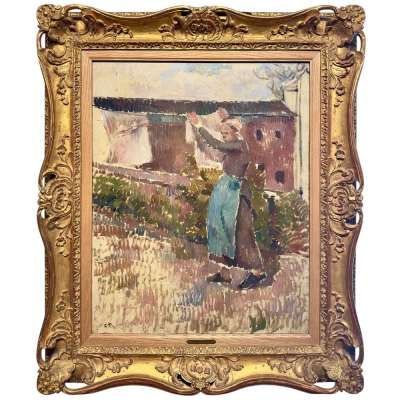 CAMILLE PISSARRO (Charlotte-Am&eacute;lie, 1830 &ndash; Par&iacute;s, 1903) "Retrato del artista Ludovic Piette ante su caballete" (1861).    &Oacute;leo sobre lienzo