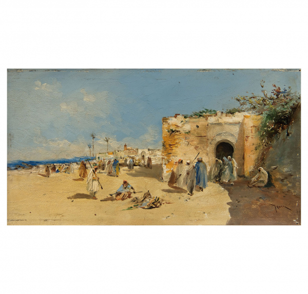 "Escena Árabe".  EMILIO ÁLVAREZ AYON (Valencia, 1889 - Barcelona, 1972).   Firmado: Ayon.   Técnica: Óleo/Tabla
