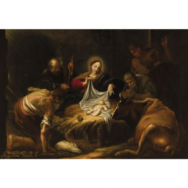 Agustín Gasull.   &quot;Adoración de los Pastores&quot;. Óleo sobre lienzo. Firmado: “Agustinus Gaçull P” 