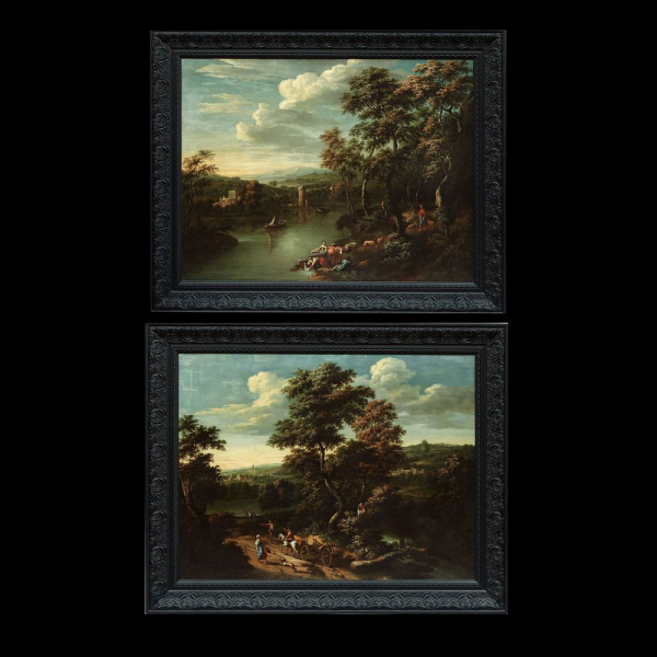 Jan Philip Spalthoff (Activo en Amberes entre 1700 y 1724) Pareja de exquisitas "Escenas Campestres" Holandesas del siglo XVIII. En óleo sobre lienzo