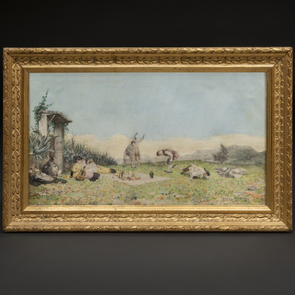 "Merienda en el campo"  GERMAN ALVAREZ ALGECIRAS (Jerez de la Frontera, 1848-1912)   Técnica: Acuarela/papel