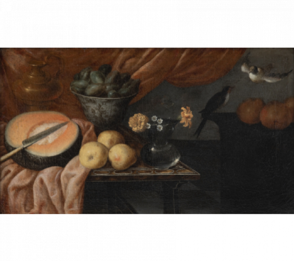 BLAS DE LEDESMA (pintor activo en Granda, entre 1602 y 1617)  Pareja de bodegones.   Dos óleos sobre lienzo.