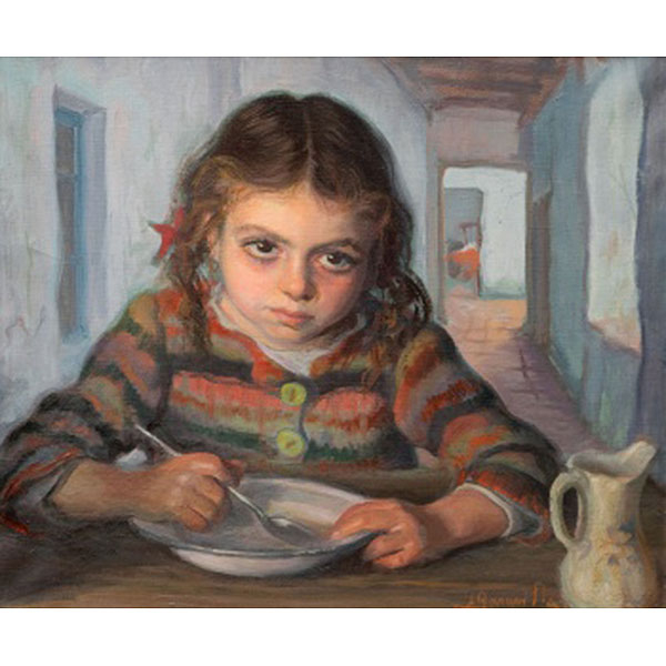 ÁNGEL GARAVILLA ACHABAL   (Lequeitio 1906 - Barcelona 1961)  "Niña en la cocina"  Firmado: A. Garavilla  Óleo / Lienzo 