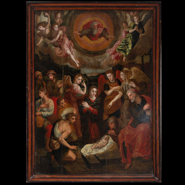 "La Adoración de Pastores" Escuela Hispano-flamenca del siglo XVI o XVII.   Óleo sobre tabla,