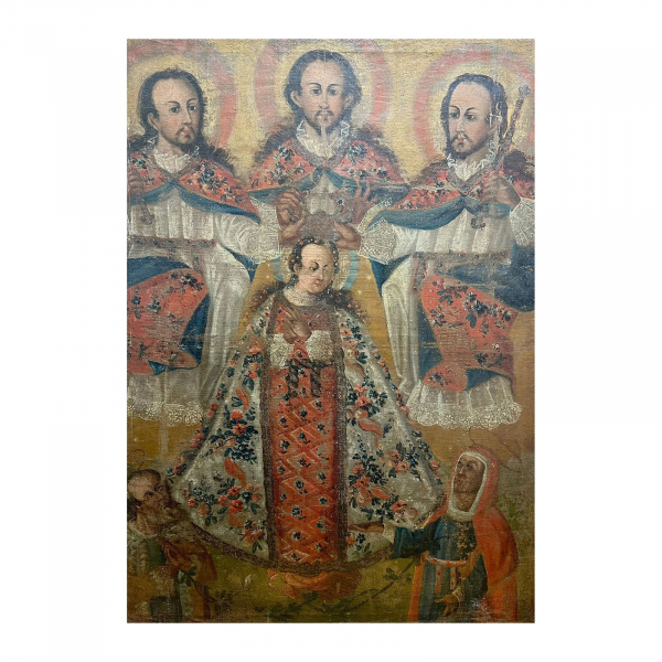 Escuela cuzqueña, s.XVIII.  La Coronación de la Virgen por la Santísima Trinidad ante San Joaquín y Santa Ana.  Óleo sobre tela. 