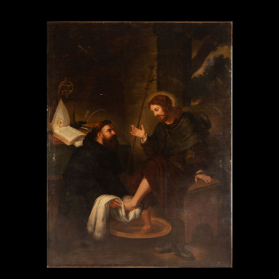 &quot;San Agustín lavando los pies a Jesucristo&quot; escuela italiana del siglo XVII - XVIII.    Óleo sobre lienzo 