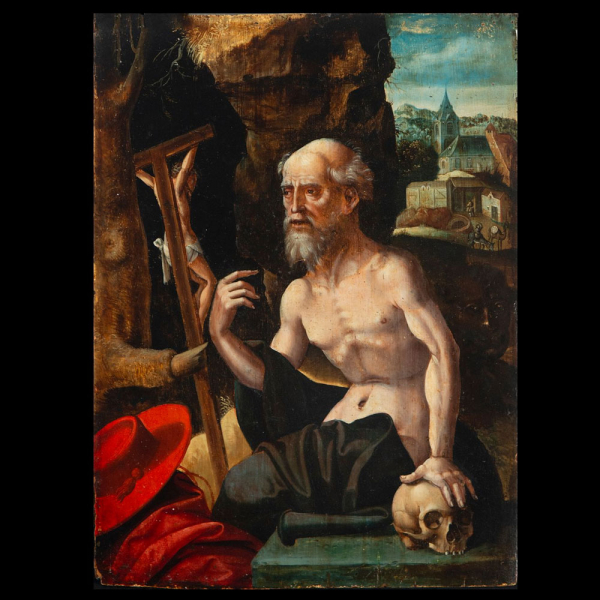 Importante San Jerónimo Penitente sobre tabla - Manera de Joos Van Cleeve (Cléveris, c. 1485 - Amberes, 1540 o 1541), escuela flamenca del siglo XVI.