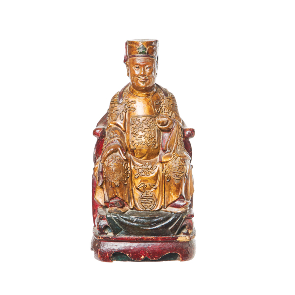 Dignatario chino entronizado. Escultura en madera frutal tallada, dinastía Qing, s.XVIII.