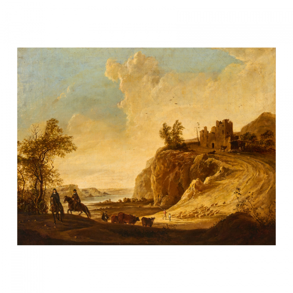 Después de Aelbert Cuyp (Dordrech, Paises Bajos, 1620-1691)  Paisaje montañoso con castillo en ruinas.  Óleo sobre tela. 