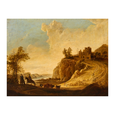 Después de Aelbert Cuyp (Dordrech, Paises Bajos, 1620-1691)  Paisaje montañoso con castillo en ruinas.  Óleo sobre tela. 