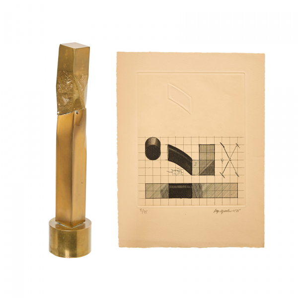 Sergi Aguilar (Barcelona, 1946)  Sin t&iacute;tulo.  Escultura en bronce y grabado al aguafuerte. 