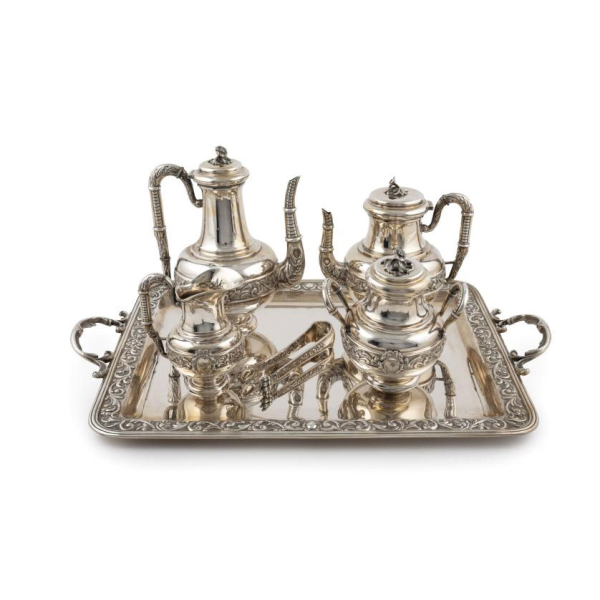 Juego de caf&eacute; y t&eacute; en plata espa&ntilde;ola punzonada Ley 916, Espu&ntilde;es 1895.  