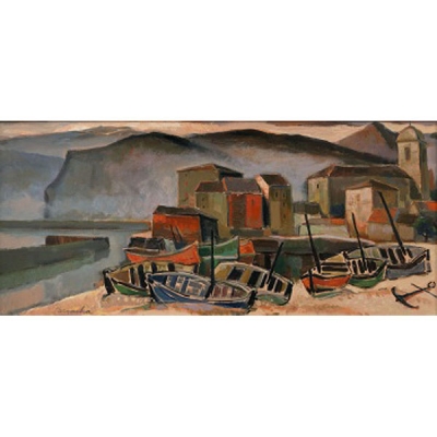 ANTONIO SANTAFÉ LARGACHA  (Bilbao 1911-1985) &quot;Barcas atracadas en la orilla&quot;