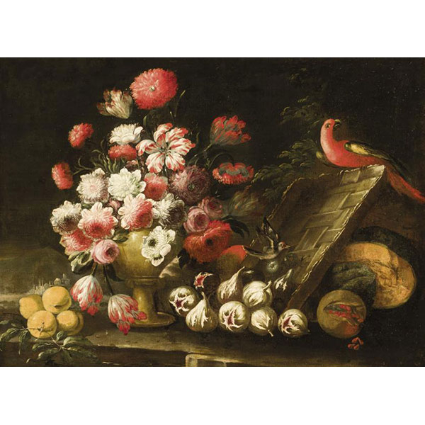 ESCUELA ESPAÑOLA S. XVII &quot;Bodegón de flores con ave&quot;. Óleo sobre lienzo.