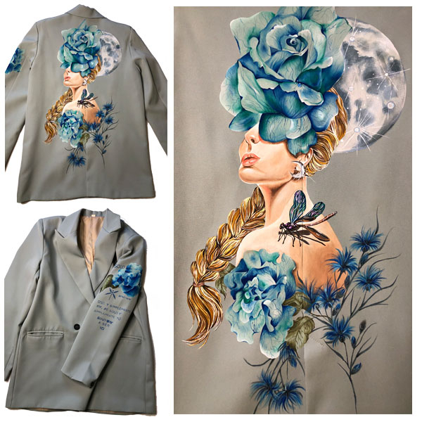 SOLO YOY. "Ella y su animal de poder". 2025.  Arte textil exclusivo pintado a mano sobre un blazer.