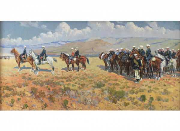 MARIANO BERTUCHI (Granada, 1885-Tetuán, 1955)  Escena militar.   Óleo sobre lienzo. 